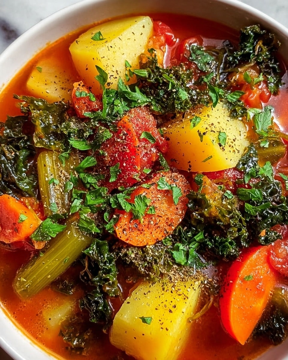 A close-up view of a vegetable stew in a white bowl on a white marbled surface. The dish has several layers visible: bright yellow potato chunks, orange carrot slices, green celery sticks, deep green kale leaves, and red tomato pieces all sitting in a rich reddish broth. On top, there is a sprinkling of finely chopped fresh green herbs and a light dusting of black pepper, adding texture and color contrast. The vegetables look soft but whole, with the broth slightly glossy. photo taken with an iphone --ar 4:5 --v 7