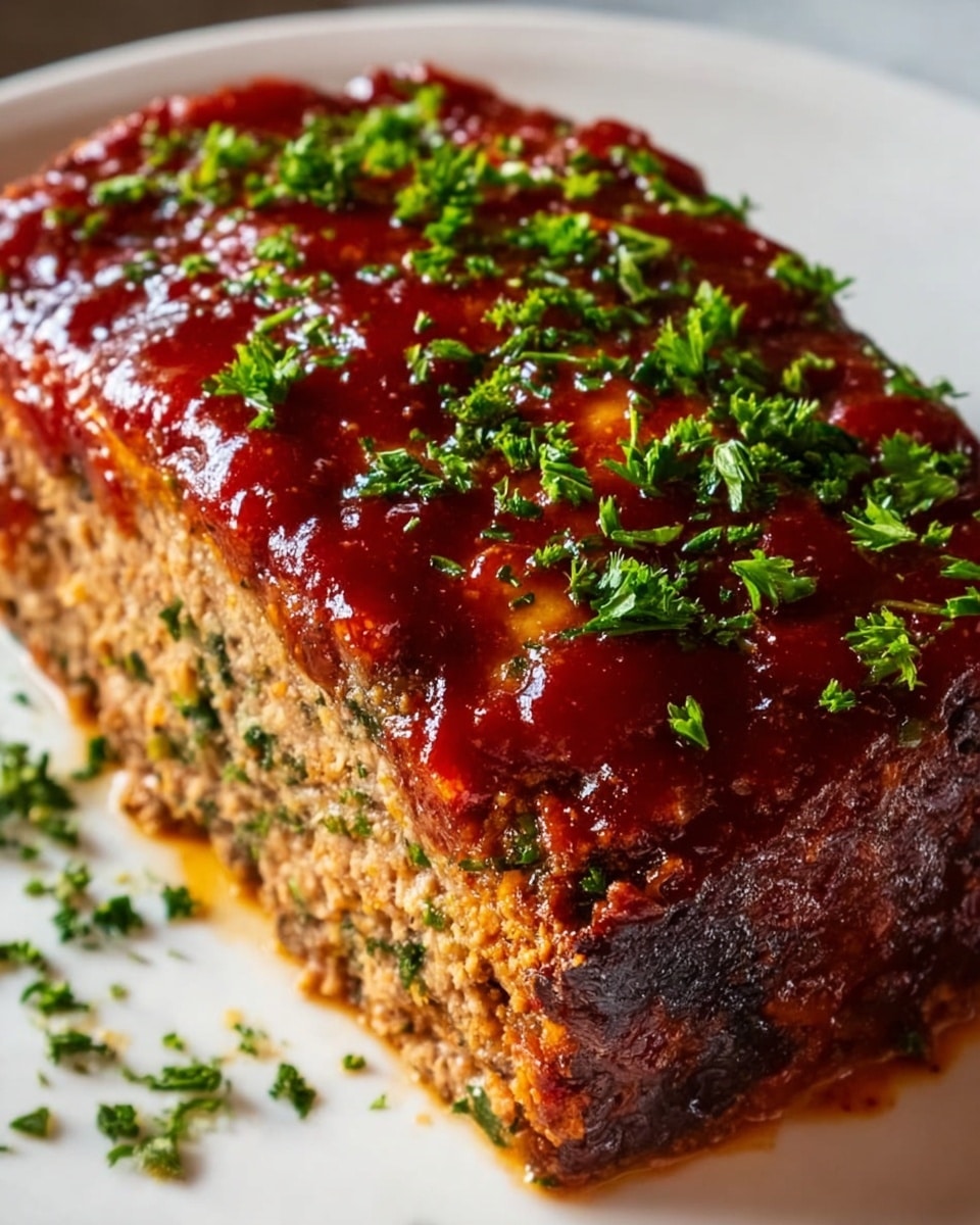 A close-up view of a rectangular meatloaf on a white plate, topped with a shiny layer of thick reddish-brown sauce that covers the entire surface. Chopped green herbs are sprinkled evenly over the sauce, adding a fresh look. The meatloaf itself has a textured, cooked brown outside with a slightly rough surface next to the sauce. Small bits of herbs or vegetables can be seen inside the meatloaf. The plate rests on a white marbled surface with a few small herb pieces scattered around. photo taken with an iphone --ar 4:5 --v 7