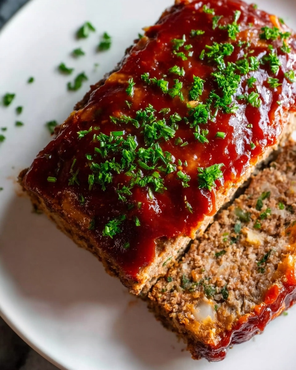 A close-up view of a thick rectangular piece of meatloaf on a white plate with a white marbled background. The meatloaf has a dark brown crust around its edges and a slightly lighter brown cooked interior. The top is covered with a shiny, deep red sauce that looks sticky and smooth. On top of the sauce, there is a sprinkling of finely chopped fresh green herbs. Some herbs are also scattered around the plate, adding a touch of color to the scene. Photo taken with an iphone --ar 4:5 --v 7