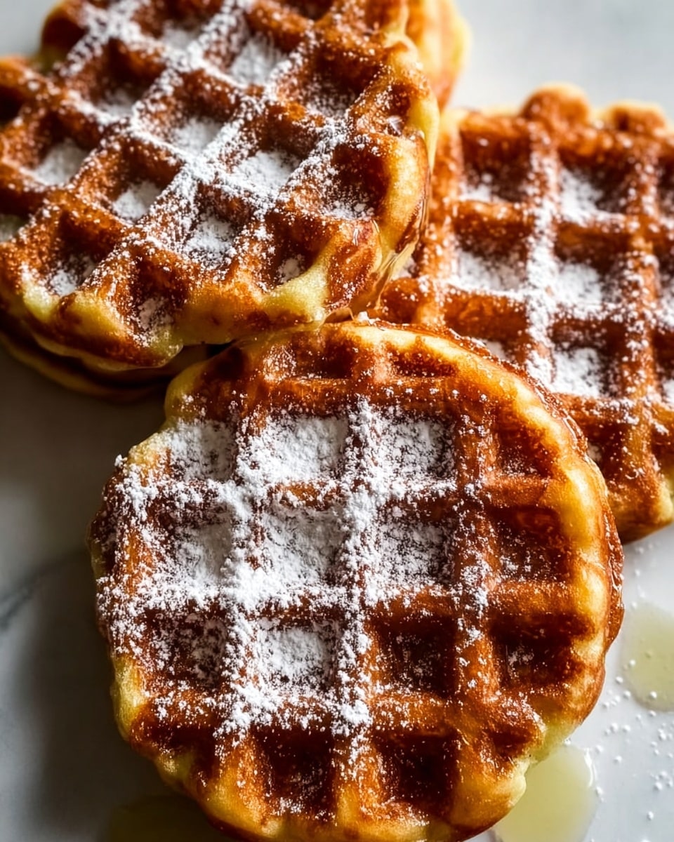 The image shows close-up of four small golden-brown waffles stacked in pairs on a white plate, each waffle having a fluffy texture with deep grid patterns. The waffle tops are sprinkled generously with white powdered sugar creating a soft, snowy layer, with a small drizzle of honey or syrup on the plate adding shine and a sticky texture. The background is a white marbled surface giving a clean and fresh look. photo taken with an iphone --ar 4:5 --v 7