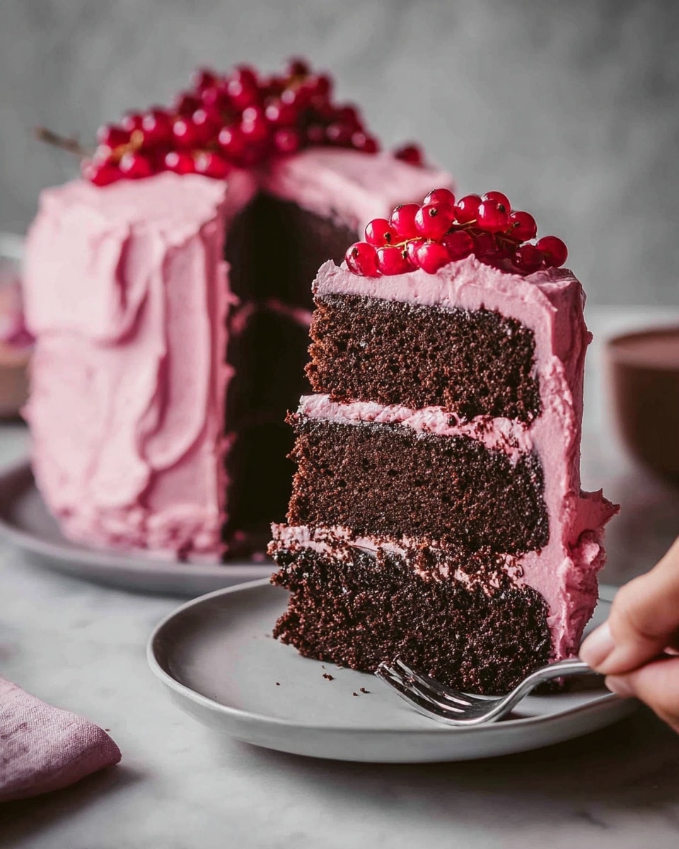 A tall, three-layer chocolate cake is covered in thick, rough-textured, bright pink frosting. Each cake layer is dark brown and moist, separated by smooth pink frosting layers. On top of the cake, there is a cluster of small, shiny red berries that add a fresh pop of color. A slice is cut out, revealing the inside layers clearly, and is held on a white plate by a woman's hand holding a fork. The cake sits on a gray plate on a white marbled surface, with a blurred background. photo taken with an iphone --ar 4:5 --v 7
