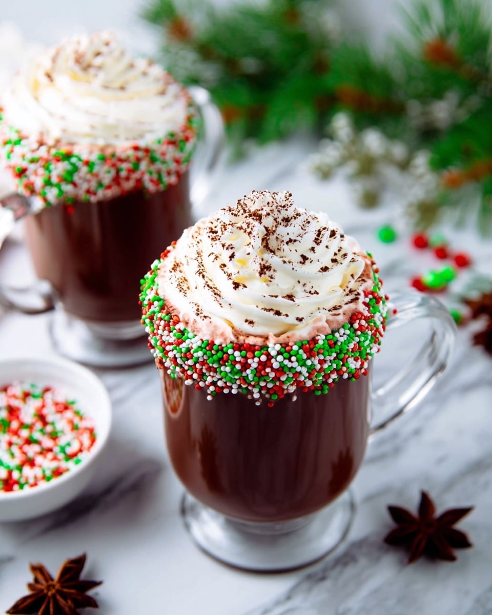 A tall clear glass mug filled with light brown hot chocolate, topped with a thick layer of white whipped cream sprinkled lightly with cocoa powder, the rim of the glass coated with red, green, and white sprinkles. The mug stands on a white marbled surface with colorful blurred lights in the background and holiday ornaments nearby. photo taken with an iphone --ar 4:5 --v 7