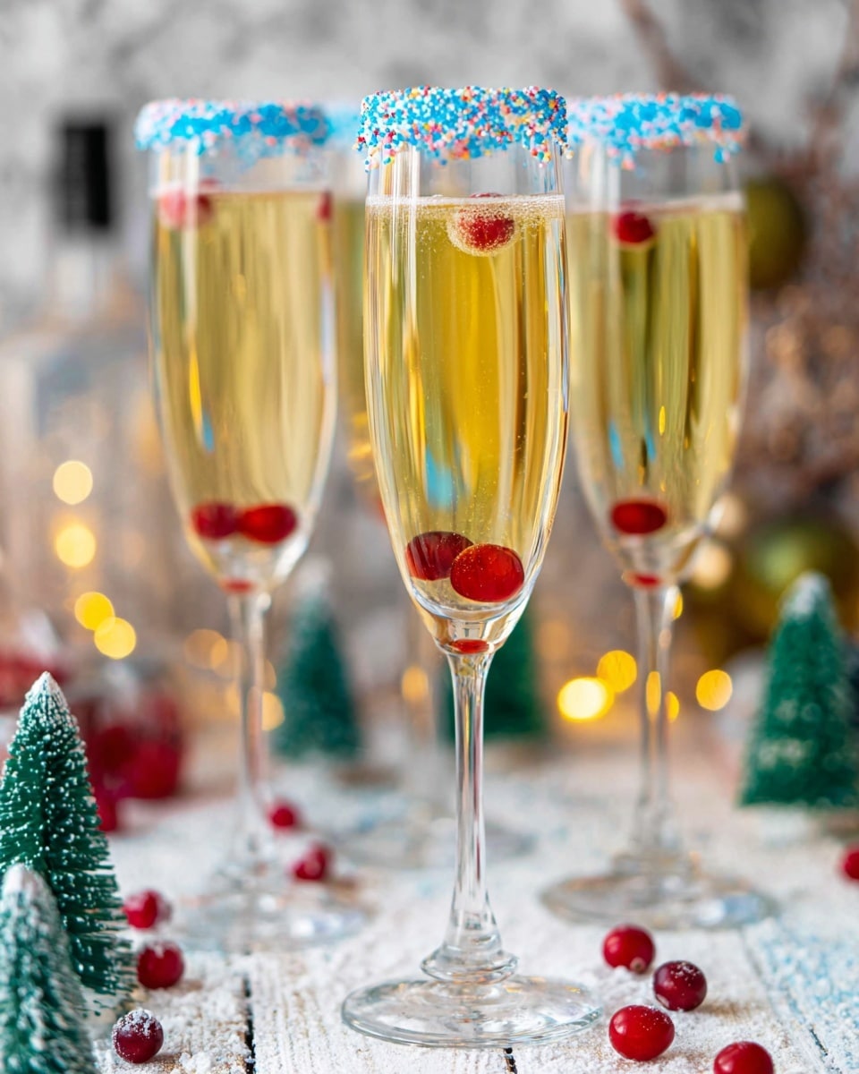 Four tall, clear champagne glasses filled with light golden liquid each containing two small bright red berries inside near the bottom; the rims of the glasses are coated with colorful sprinkles – the closest rim has blue sprinkles, while others show a mix of pastel shades; the glasses stand on a white wooden surface dusted with fine white powder and scattered red berries; small green decorative pine trees and blurred festive lights add to the background, which features a white marbled texture; photo taken with an iphone --ar 4:5 --v 7