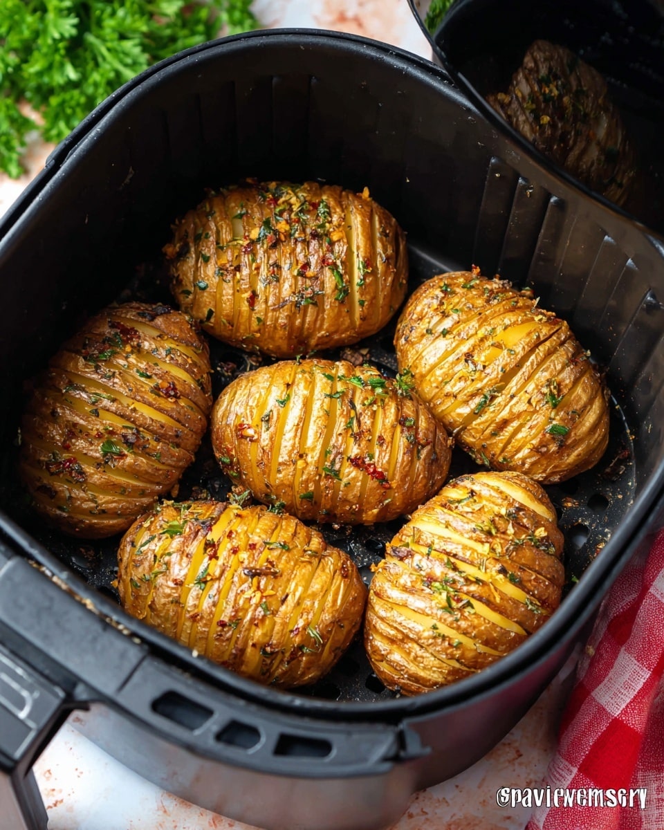 The image shows four hasselback potatoes placed closely together on a white plate that has a delicate blue floral pattern. Each potato has thin, even slices cut almost all the way through, creating many narrow golden-yellow layers with a slightly crispy and browned texture on the top and edges. The potatoes are sprinkled with specks of black pepper, dried herbs, and chopped green parsley that add green and dark color contrast. The plate rests on a white marbled surface, and a gold fork is partially visible on the left side of the image, gently touching one potato. photo taken with an iphone --ar 4:5 --v 7