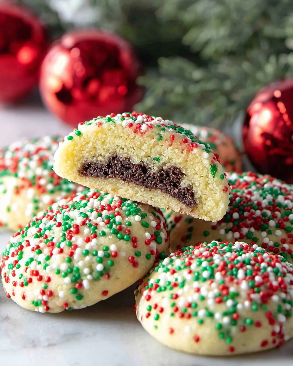 A white plate holds a stack of round cookies covered in small red, green, and white round sprinkles. The cookies have two layers: a light tan outer dough and a dark brown soft filling inside, visible in one cookie that is split in half and placed on top. The sprinkles fully cover the top surfaces, adding bright color to the smooth cookie bases. The plate sits on a white marbled surface with some Christmas decoration pieces blurred in the background. photo taken with an iphone --ar 4:5 --v 7