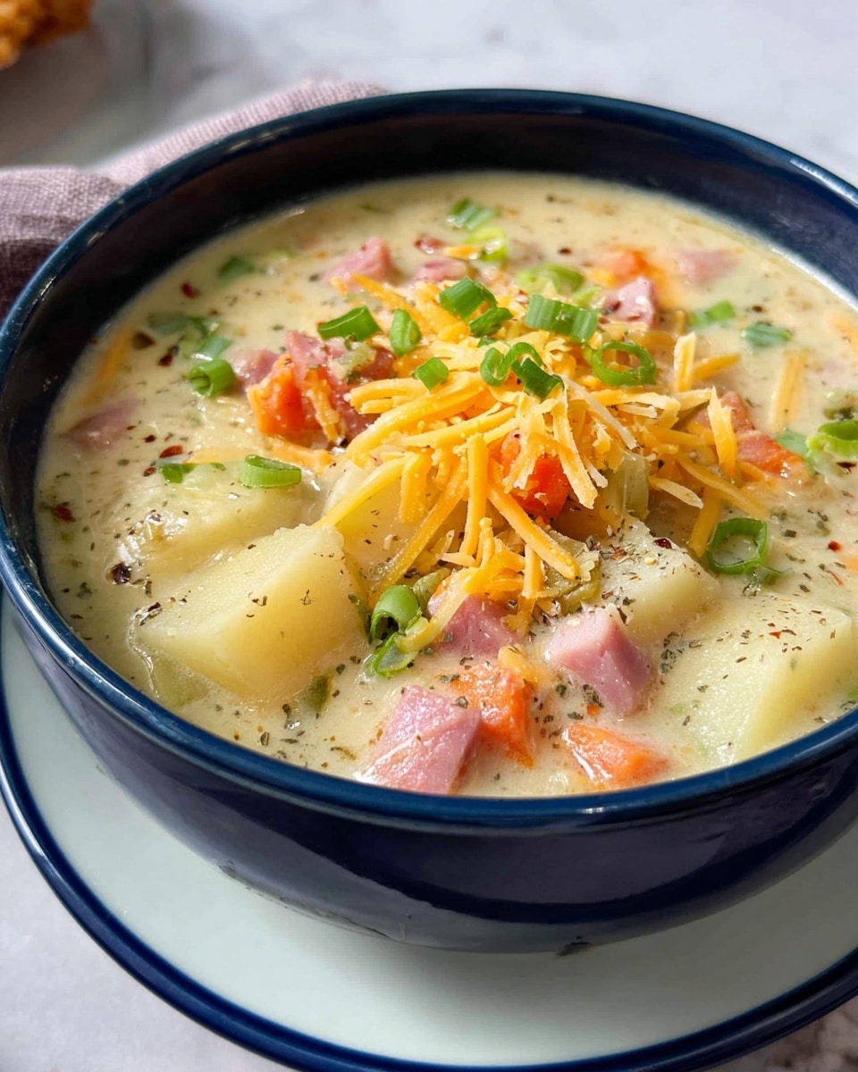 Two white plates with dark blue rims each hold a dark blue bowl filled with creamy soup, showing visible chunks of carrots, potatoes, ham, and celery. The soup is layered with shredded yellow and white cheese and sprinkled with chopped green onions and herbs. One plate has a round cracker placed at the edge, and the other plate has a buttered biscuit cut in half next to it, showing the smooth melted butter on top. Above the bowls, a small white bowl contains more round crackers. To the right, two ornate silver spoons rest on a beige cloth napkin, all set on a white marbled surface. Photo taken with an iphone --ar 4:5 --v 7