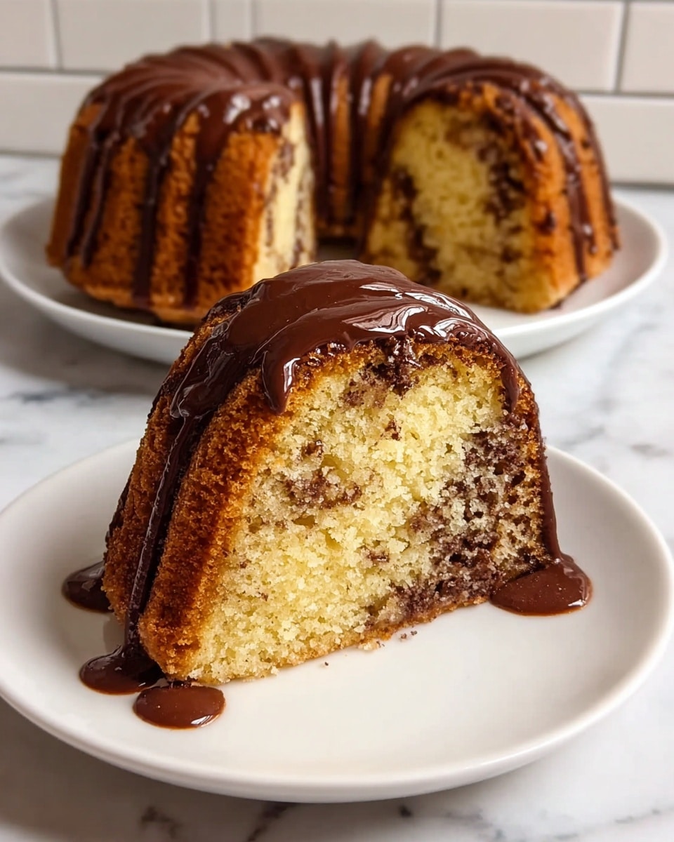 A thick slice of bundt cake with a light golden brown crumb and darker brown swirls is placed in the center of a white plate. The cake has a moist texture with visible small chocolate bits inside. A glossy, dark chocolate glaze gently drips down the sides of the slice, pooling slightly on the plate. In the background, the rest of the bundt cake is seen on another white plate, showing the full ring shape and more chocolate drizzle over the ridged surface. Both plates sit on a white marbled surface with a white tiled wall behind. photo taken with an iphone --ar 4:5 --v 7