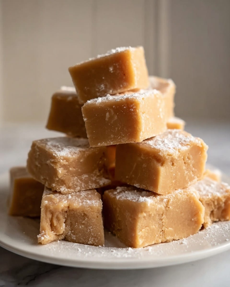 A close-up view of a stack of nine thick square pieces of light brown fudge on a white plate, each cube showing a soft and slightly crumbly texture with small cracks on the sides. The fudge pieces are dusted lightly with white powdered sugar, adding a subtle contrast on top. The stack is arranged unevenly, with some cubes lying flat and others leaning, creating a cozy, homemade feel. The background is out of focus, featuring a white marbled texture with soft, natural light highlighting the smooth surfaces and edges of the fudge. photo taken with an iphone --ar 4:5 --v 7