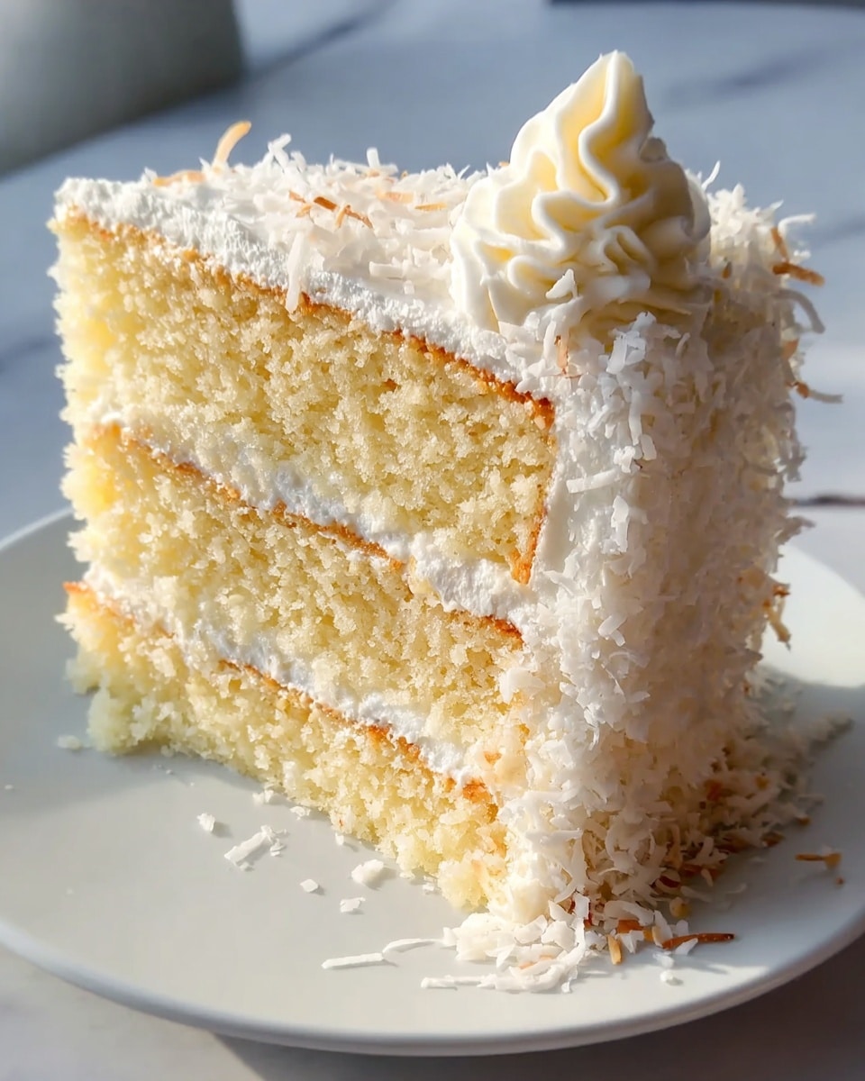 A slice of three-layer coconut cake is shown on a white plate with a white marbled surface in the background. Each layer is light golden yellow with a soft, fluffy texture, separated by thin white cream layers. The outside of the slice is covered in white cream and sprinkled with shredded coconut, giving it a textured, snowy look. On top, a small dollop of cream adds decoration. The cake is brightly lit with natural light coming from the side, highlighting its moist and tender texture. photo taken with an iphone --ar 4:5 --v 7