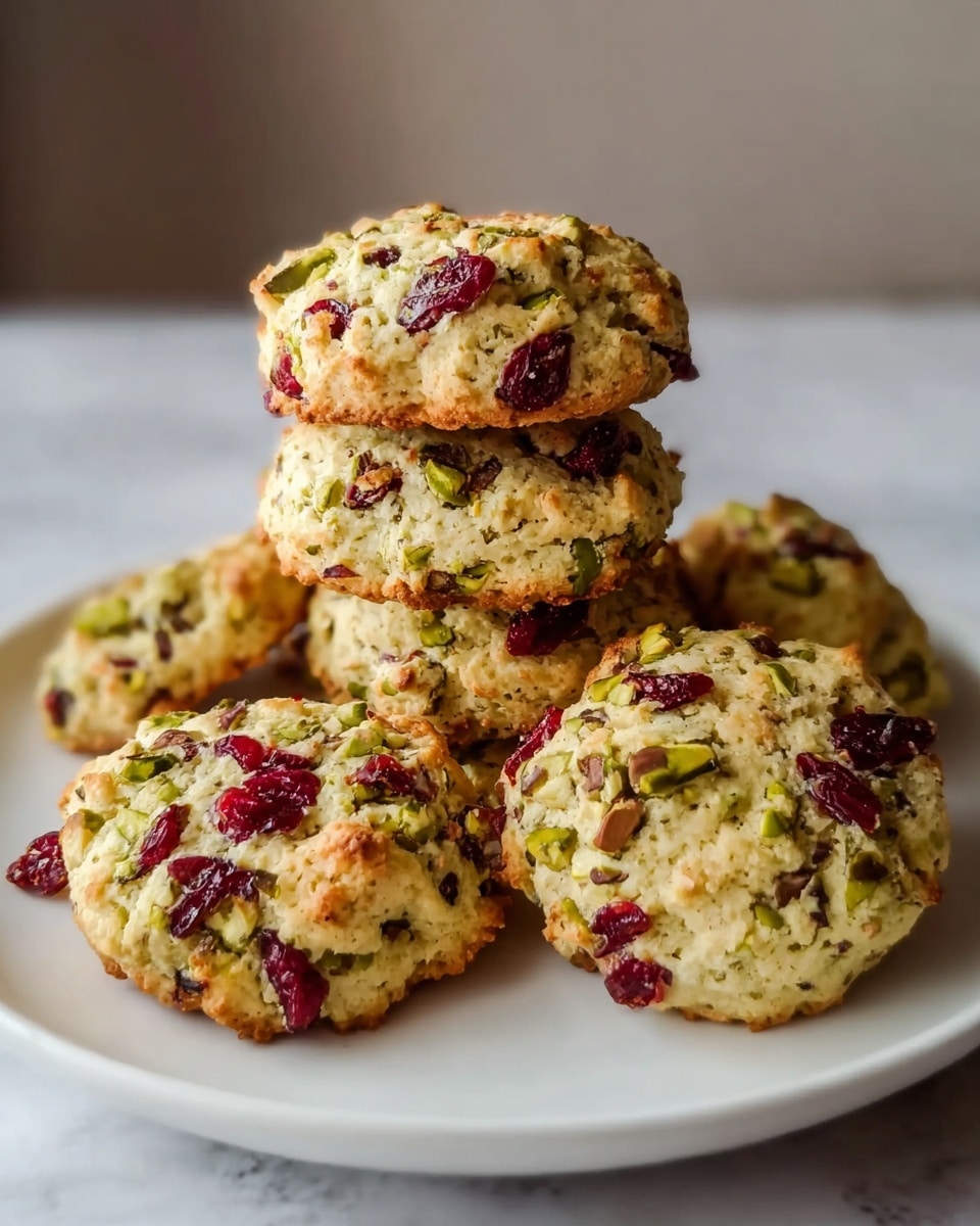A white plate holds a stack of six round cookies with a rough, crumbly texture. Each cookie is light golden brown with visible pieces of green pistachio nuts and bright red dried cranberries embedded throughout. The cookies are unevenly shaped, showing a homemade look, with some nuts and cranberries slightly sticking out on the surface. The scene is set against a white marbled texture in soft natural light, highlighting the cookies’ detailed colors and textures. photo taken with an iphone --ar 4:5 --v 7