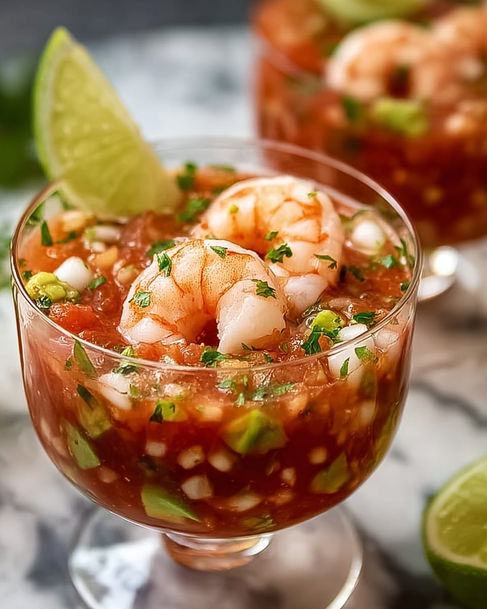 A clear round glass filled with a layered shrimp cocktail, starting with a bottom layer of small white chopped onions, followed by a chunky red tomato-based sauce mixed with green herb specks and small avocado pieces, topped with three large, plump shrimp curling outward, scattered green herbs, and a fresh green lime slice on the rim. The glass sits on a white marbled surface, with another similar glass blurred in the background. photo taken with an iphone --ar 4:5 --v 7