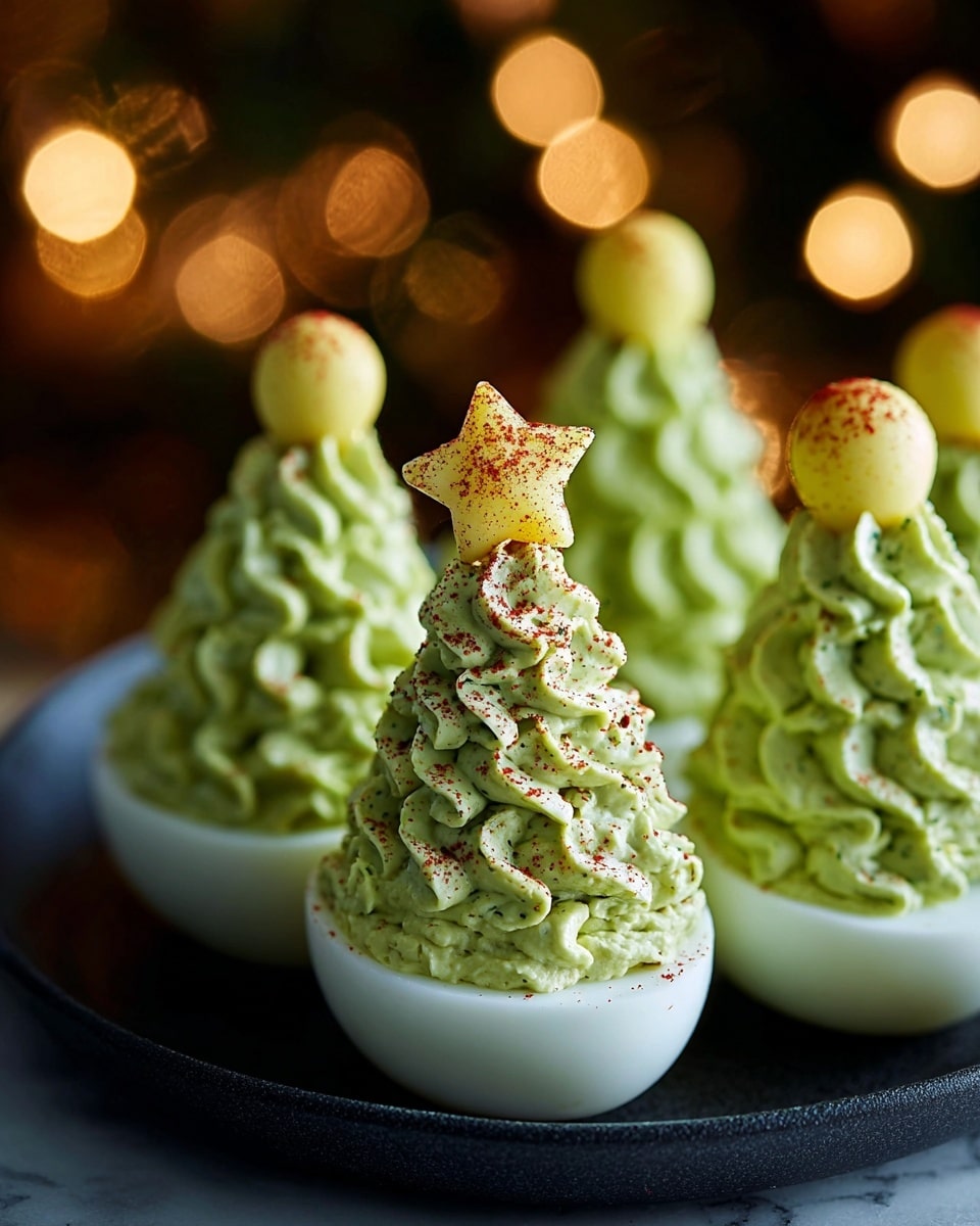 The image shows a dish of deviled eggs styled to look like small Christmas trees. Each egg is halved with a smooth white egg white base, filled with a swirled, textured green filling which forms three layered, ruffled tree shapes stacked vertically and tapering to a point on top. The green filling has a creamy and slightly fluffy look with small red specks sprinkled over it. On top of each green tree rises a small round yellow ball, dusted with red powder, and topped with a small yellow star-shaped decoration, giving the impression of a tree topper. The dish is set on a dark black surface against a white marbled background, and warm, blurred holiday lights shine softly in the background. photo taken with an iphone --ar 4:5 --v 7