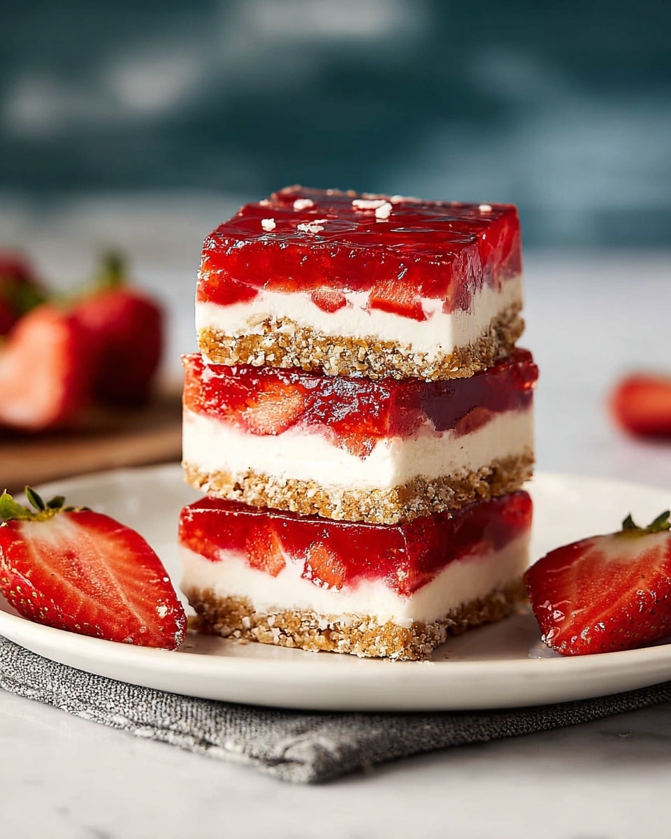 The image shows three square-shaped strawberry dessert bars stacked on top of each other on a white plate. Each bar has three clear layers: the bottom layer is a crumbly, light brown crust, the middle layer is creamy and white, and the top layer is a shiny, red strawberry gel with slices of fresh strawberries visible inside. The plate is on a white marbled surface, with a gray cloth and halved strawberries placed nearby. The background is blurred, showing soft blue and green tones. photo taken with an iphone --ar 4:5 --v 7