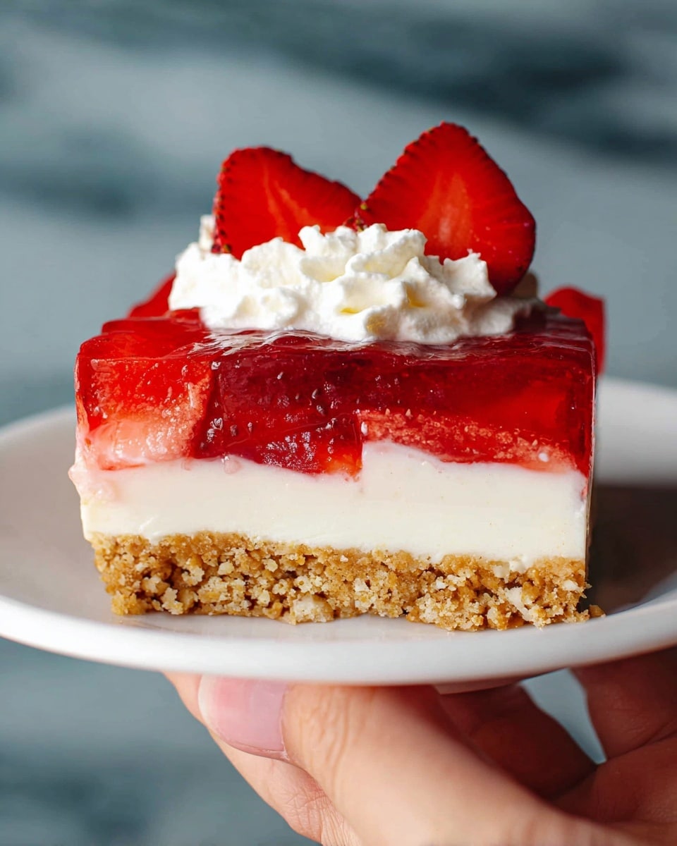 A close-up of a three-layer dessert slice on a white plate held by a woman's hand. The bottom layer is a crumbly, golden brown crust with a rough texture. The middle layer is a smooth, creamy white filling, slightly thick and even. The top layer is a bright red strawberry gelatin with visible strawberry pieces set inside, glossy and translucent. On top of the dessert sits a dollop of white whipped cream with soft peaks, garnished with two red, halved strawberries showing their juicy inner texture. The background is a white marbled texture. Photo taken with an iphone --ar 4:5 --v 7