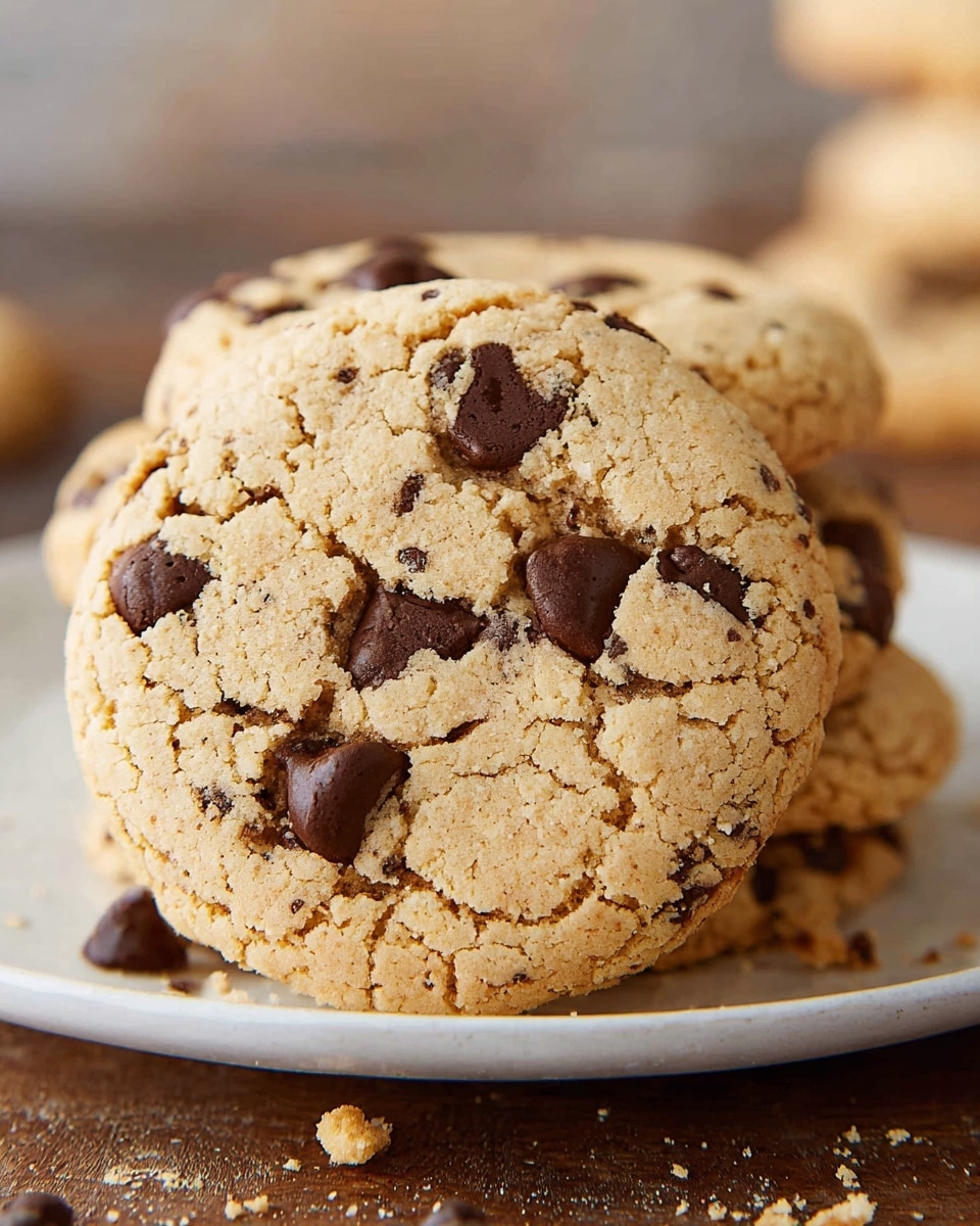 A close-up view of a stack of thick, round chocolate chip cookies on a white plate, showing the top cookie with a cracked light golden brown surface textured with small coarse cracks and embedded dark brown chocolate chips scattered unevenly, some partially melted and others whole, giving a soft and crumbly look; the plate rests on a wooden surface with a few cookie crumbs around it, and the background is softly blurred with a warm tone. photo taken with an iphone --ar 4:5 --v 7