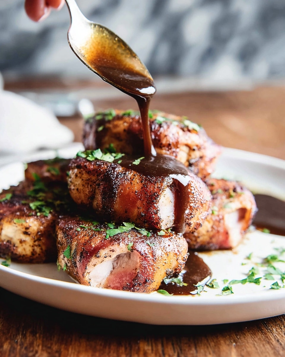 A white plate holds a stack of four rolled meat pieces, each covered with a dark brown, slightly coarse spice rub and sprinkled with fresh green chopped herbs. The meat has a browned, slightly crispy outer layer with some pinkish tones visible. A silver spoon, held by a woman's hand out of frame, drizzles thick, glossy dark brown sauce over the top roll, with the sauce flowing down the sides and pooling slightly on the plate. The plate sits on a wooden surface, but a white marbled texture is visible in the background. Photo taken with an iphone --ar 4:5 --v 7