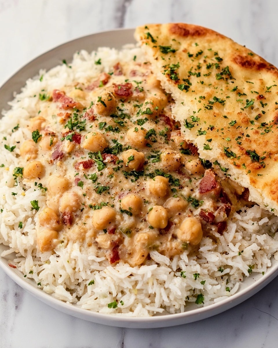 The image shows a round white plate filled with a bed of white rice spread out as the base layer, topped with a creamy chickpea curry that has a light beige color with specks of red from tomatoes and green from chopped herbs. To the right side of the plate, resting on the rice and curry, is a piece of evenly browned naan bread sprinkled with tiny green parsley bits. The background surface is a white marbled texture. photo taken with an iphone --ar 4:5 --v 7