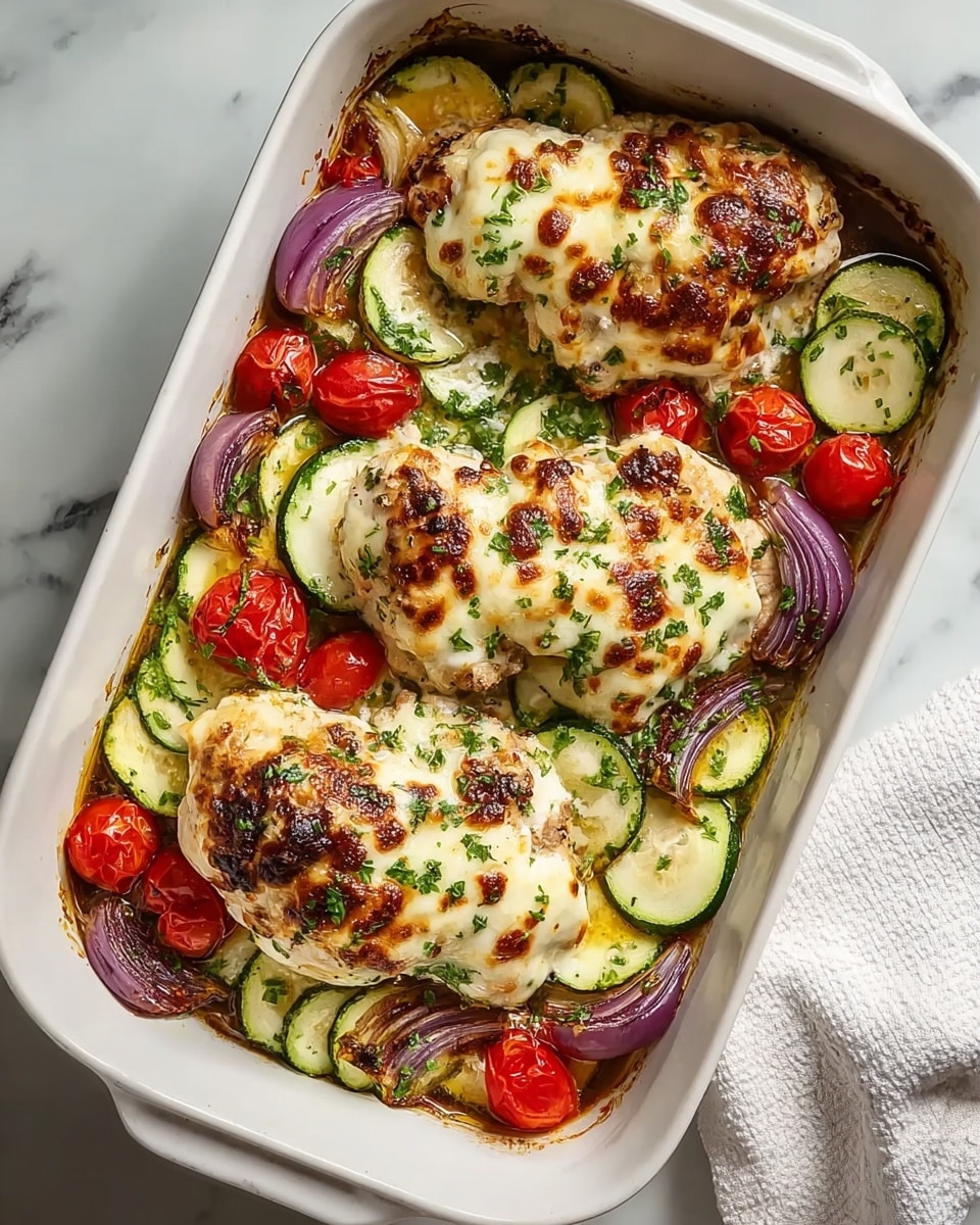 The image shows a white rectangular baking dish filled with three baked chicken breasts covered in melted, slightly browned cheese with green herb sprinkles on top. Beneath the chicken, there is a layer of sliced green zucchini with visible soft texture, and scattered roasted cherry tomatoes and purple-red rings of roasted onions all around. The dish rests on a white marbled surface with a small part of a white cloth visible. The colors are warm and fresh, highlighting the contrast between the browned cheese and bright vegetables. Photo taken with an iphone --ar 4:5 --v 7