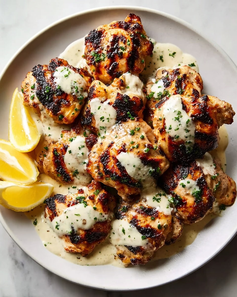 A white round plate holds nine pieces of grilled chicken thighs arranged closely together. The chicken has a golden brown color with darker, charred grill marks on each piece, giving a textured appearance. A creamy white sauce is drizzled over most pieces, creating small pools on the plate underneath. Small green herb sprinkles are scattered on top of the chicken and sauce. On the left side of the plate, there are three lemon wedges placed together, showing bright yellow juicy flesh. The plate sits on a white marbled surface. photo taken with an iphone --ar 4:5 --v 7