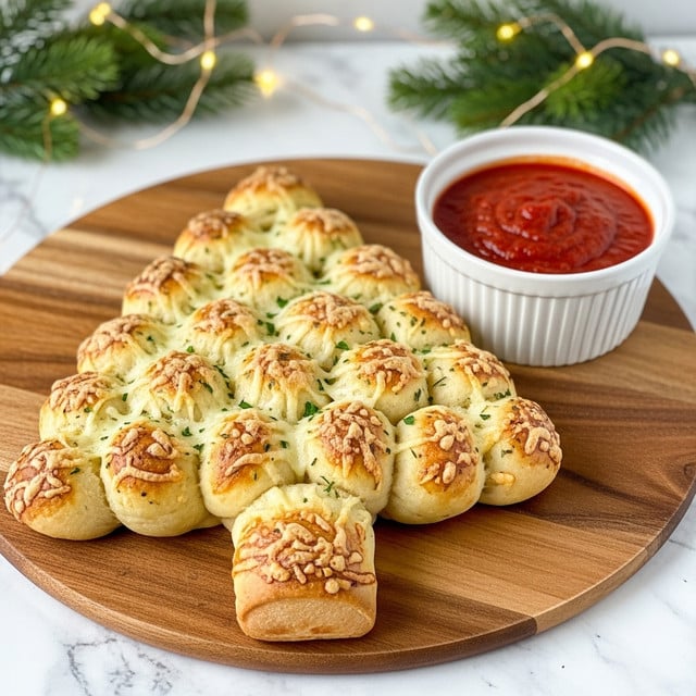 A tree-shaped pull-apart bread made of small round dough balls baked with melted cheese and herbs, each ball golden brown with crispy cheese spots and green herb flecks, placed on a round wooden board. Beside the bread is a white ramekin filled with thick red marinara sauce. The background shows soft warm fairy lights and blurry green pine branches on a white marbled surface. photo taken with an iphone --ar 4:5 --v 7