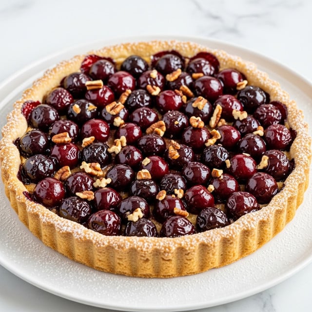 A round tart with a golden-brown crust that is slightly crimped around the edges, filled with glossy dark red cherries and scattered toasted pecans. The cherries cover the filling fully, shining with a light glaze, and the pecans add crunchy texture, resting on top evenly. The tart is lightly dusted with powdered sugar, creating a soft snowy effect over the fruit and nuts. The whole tart sits on a white plate against a white marbled background. photo taken with an iphone --ar 4:5 --v 7