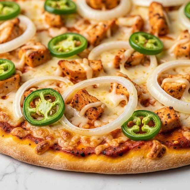 A close-up view of a pizza with several layers clearly visible: the bottom layer is a crispy golden crust, topped with a layer of melted white cheese that stretches softly, followed by a layer of cooked chicken pieces covered in a reddish-orange sauce, and finally, thin slices of bright green jalapeños and translucent white onion rings scattered evenly across the top. The textures range from crunchy crust edges to gooey cheese and tender chicken, all set against a white marbled background. photo taken with an iphone --ar 4:5 --v 7