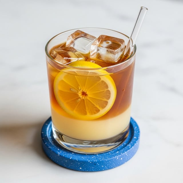 A clear glass filled with a layered drink sits on a round white plate. The bottom layer is a pale yellow liquid, smooth and translucent, making up about half the glass. Above it, there is a warm amber-colored liquid that fades gently into the yellow below, forming a soft gradient. Several large, clear ice cubes float at the top, adding shine and texture, and a thin, round slice of lemon is pressed against the inside of the glass, visible through the drink on the left side. A transparent straw is placed in the drink on the right side. The glass is set on a white marbled texture surface. photo taken with an iphone --ar 4:5 --v 7