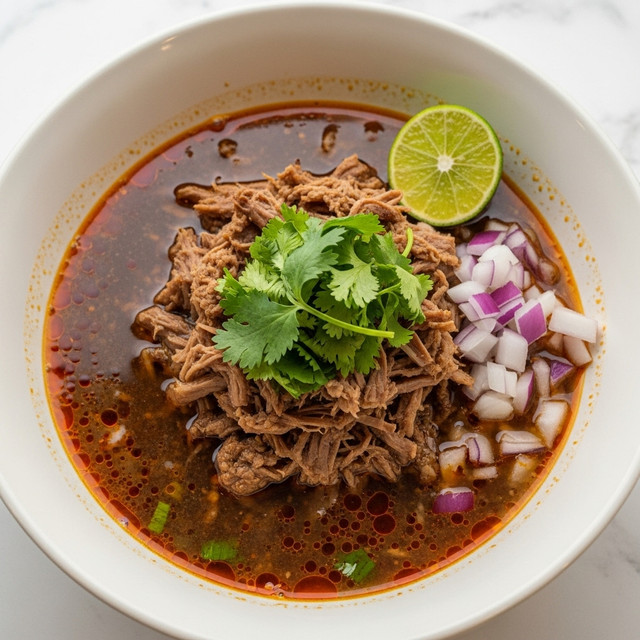 A close-up of a dark brown soup served in a white bowl with a rough texture, showing shredded tender meat floating in the rich broth. On top, there is a layer of fresh, bright green cilantro leaves, followed by small cubes of white and purple onion scattered beside a half yellow-green lime slice sitting on the soup. The image is set against a white marbled background, highlighting the colors of the soup and garnishes. photo taken with an iphone --ar 4:5 --v 7