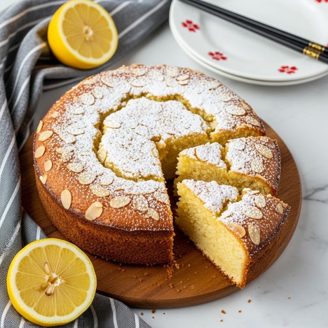 A round almond cake with a light golden color sits on a wooden board dusted with powdered sugar, which also covers the cracked, slightly crunchy top decorated with almond slices. One slice has been cut and lifted, showing a soft, moist yellow interior. The board is placed on a white marbled surface next to two lemon halves and a striped grey cloth with a white plate patterned with red flowers nearby. photo taken with an iphone --ar 4:5 --v 7