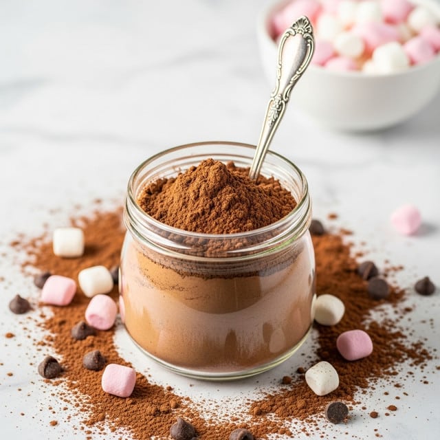 A clear glass jar filled with fine, light brown cocoa powder, heaped slightly above the jar’s rim. Inside the jar, a vintage silver spoon with intricate engravings is partially buried in the powder, its handle leaning outwards. Surrounding the jar on a white marbled surface, loose cocoa powder is scattered lightly, mixed with small dark brown chocolate chips and white and pink mini marshmallows. In the blurry background, a white bowl with pink and white marshmallows is partially visible. photo taken with an iphone --ar 4:5 --v 7
