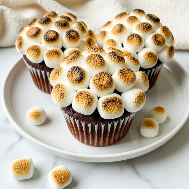 The image shows three chocolate cupcakes placed closely on a white plate, with a white marbled surface underneath. Each cupcake is topped with a thick layer of evenly toasted mini marshmallows, in white color with golden-brown edges and some dark charred spots, creating a textured, fluffy top. The cupcake wrappers are light beige, contrasting with the rich dark brown color of the cupcake bases visible beneath the marshmallow topping. Two mini marshmallows are scattered near the plate on the marbled surface. The background contains a soft, off-white fabric adding a cozy touch. Photo taken with an iphone --ar 4:5 --v 7