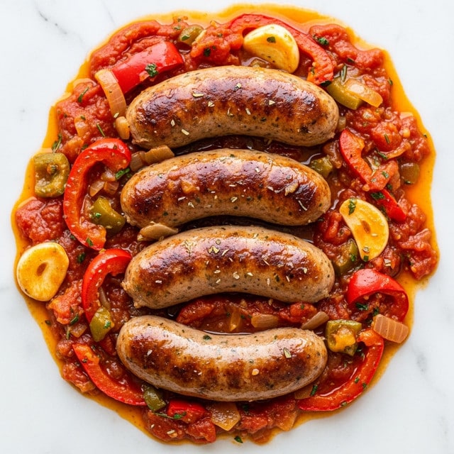 The image shows four browned sausages cooked in a rich, chunky tomato sauce filled with slices of red bell pepper, onions, and garlic. The sauce has a thick, oily texture with visible herbs and small bits of green vegetables scattered throughout. The sausages lie nestled evenly in the sauce, their lightly crisped skins glistening under the light. The ingredients create a colorful mix of warm red, orange, and green tones, with the glossy sauce coating everything. The overall look is hearty and savory, set against a white marbled texture background. photo taken with an iphone --ar 4:5 --v 7
