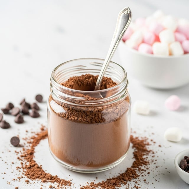A clear glass jar filled with fine brown cocoa powder shows a silver spoon placed inside it, slightly scooping some powder. The jar is on a white marbled surface sprinkled with cocoa powder around the base. Dark brown chocolate chips are scattered nearby, and in the background, there is a white bowl filled with small pink and white marshmallows. The image is bright and softly lit, focusing mainly on the jar and spoon. photo taken with an iphone --ar 4:5 --v 7