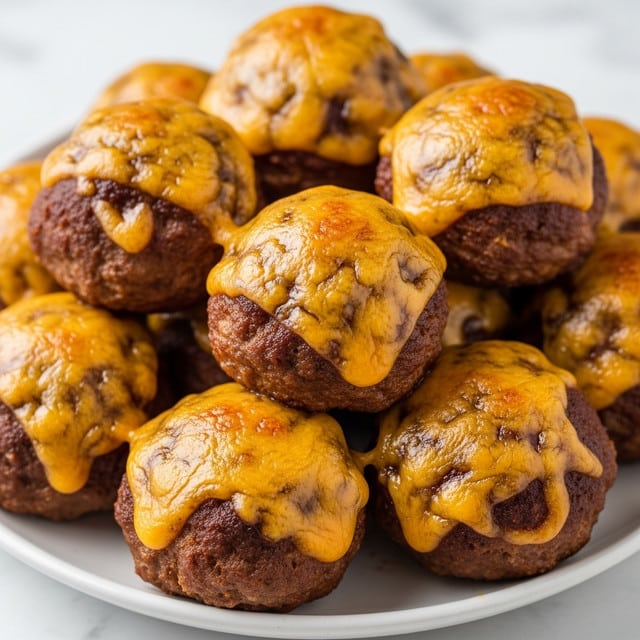 A close-up view of a pile of round meatballs covered with melted yellow cheese that has browned spots on top, giving a crispy texture. The meatballs have a rough brownish surface mixed with the gooey, soft cheese. They are all stacked closely together in a white plate, placed on a white marbled textured surface. The image highlights the contrast between the golden cheese and the juicy browned meat beneath. photo taken with an iphone --ar 4:5 --v 7
