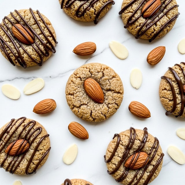 The image shows several almond cookies placed on a white marbled surface. Each cookie has a rough, slightly triangular shape with a light golden-brown color and a textured, crumbly surface. On top of each cookie, there is one whole almond placed in the center. Dark chocolate is drizzled in thin, uneven lines across the top of the cookies, adding contrast to the light color of the cookies. Scattered around the cookies are whole almonds and some almond slices, creating a natural and rustic atmosphere. Photo taken with an iphone --ar 4:5 --v 7