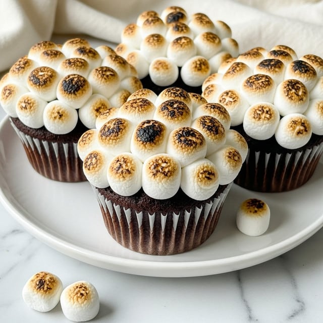 The image shows several chocolate cupcakes arranged on a white plate, each topped with a thick layer of mini toasted marshmallows. The marshmallows are fluffy and vary in color from white to golden brown with some parts slightly burnt black, giving a toasted, crispy texture. The cupcakes have dark brown bases visible under the white cupcake liners. There are a few loose mini marshmallows scattered near the plate on a white marbled surface, and a soft beige cloth is blurred in the background. photo taken with an iphone --ar 4:5 --v 7