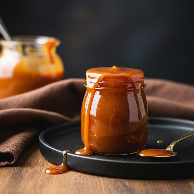 A small glass jar is filled to the top with thick, smooth caramel sauce that spills slightly over the edge, creating a rich golden-brown layer on top and a small puddle on a round black plate underneath it. The jar is centered in the image with a blurry glass container of the same caramel in the background, all placed on a wooden table with a dark brown cloth nearby, set against a white marbled textured surface. photo taken with an iphone --ar 4:5 --v 7