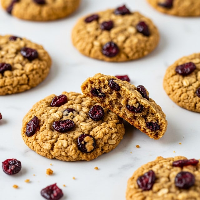 The image shows several oatmeal cookies with visible dried cranberries scattered on a white marbled surface. Each cookie is round with a rough and crumbly texture, light golden brown in color with darker spots where the cranberries are embedded. One cookie is broken in half, revealing a pale, soft inside with bits of cranberry embedded inside the crumb. Loose oat flakes and dried cranberries lie around the cookies. The scene is brightly lit and clear. photo taken with an iphone --ar 4:5 --v 7