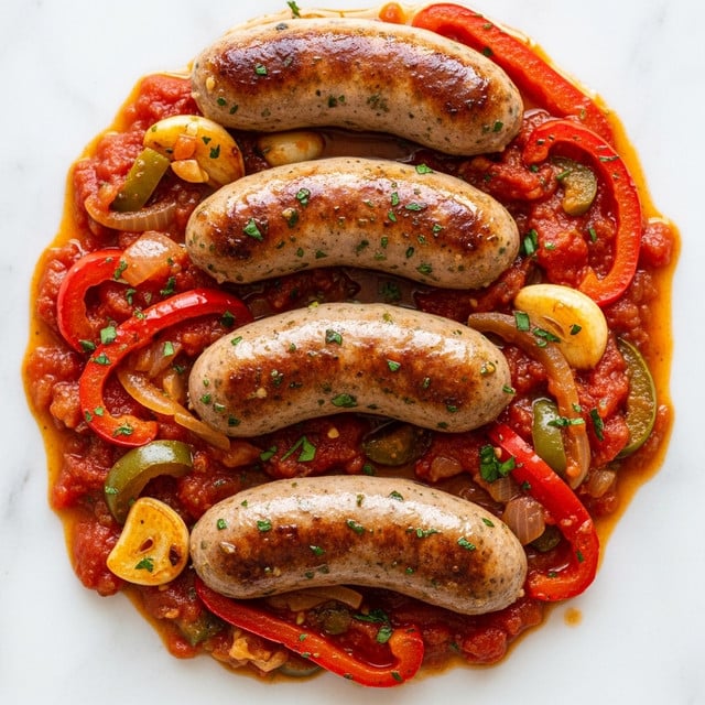 The image shows a stew with five browned sausages lying on top of a rich, glossy sauce filled with cooked vegetables. The sauce is deep red with bits of green leafy herbs, orange and red bell pepper strips, slices of garlic, and chunks of cooked onions visible throughout. The sausages have a textured, slightly charred skin that glistens with oil. The vegetables in the sauce give it a chunky texture, and the whole dish has a shiny, wet look from the cooking juices. The stew is placed on a white marbled surface. photo taken with an iphone --ar 4:5 --v 7