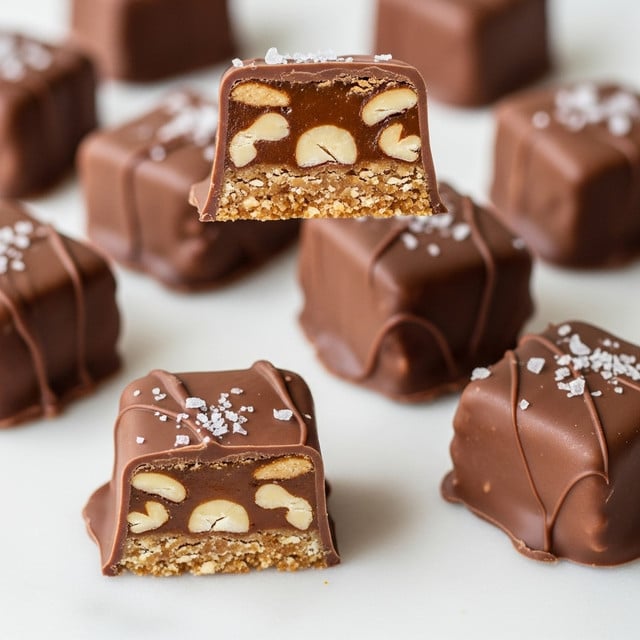 The image shows several small square chocolate pieces on a white marbled surface, each coated with a smooth layer of milk chocolate and sprinkled lightly with white sea salt flakes on top. One piece is held above the others, showing a cross-section with three visible layers: a rough, crunchy golden brown nutty base layer, a middle sticky caramel layer with nut bits, and a thick outer coating of chocolate that is slightly shiny and textured. The pieces are arranged scattered, highlighting the rich and inviting texture of the snack. photo taken with an iphone --ar 4:5 --v 7