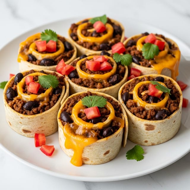 Seven tortilla roll-up pieces stand closely on a white plate set on a white marbled surface. Each roll-up is made of a light brown toasted tortilla wrapped around a filling that includes dark brown ground meat and black beans as the first visible layer, topped by melted, bright orange cheddar cheese that slightly drips down the sides. On top, there are small, scattered red tomato chunks and fresh green cilantro leaves adding a vibrant touch. The textures show a soft but browned tortilla exterior, with a moist and hearty filling inside, all tightly rolled into thick rounds. Photo taken with an iphone --ar 4:5 --v 7