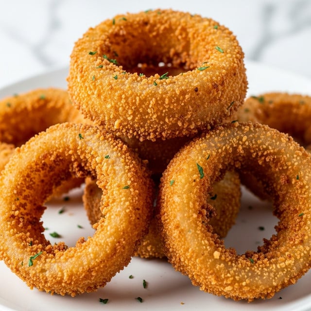 A close-up view of a stack of crispy fried onion rings on a white plate. The onion rings have a golden brown color with a crunchy, crumbly texture from the breading, showing some small green herb bits scattered on top. The rings are layered unevenly, creating depth and highlighting the rough, crunchy surface. The background is a white marbled texture, making the bright golden color of the onion rings stand out. Photo taken with an iphone --ar 4:5 --v 7