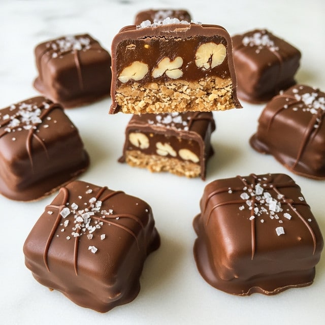 The image shows several small square treats coated in smooth, glossy chocolate with a slightly uneven texture. Each piece is topped with a light sprinkle of coarse salt crystals. One piece is bitten into, revealing three layers inside: the outer dark brown chocolate shell, a middle layer of caramel with small nut pieces, and a bottom layer that looks like a chewy nut base with a light brown color speckled with nuts. The treats are placed on a white marbled surface, arranged close together with some out of focus in the background. photo taken with an iphone --ar 4:5 --v 7
