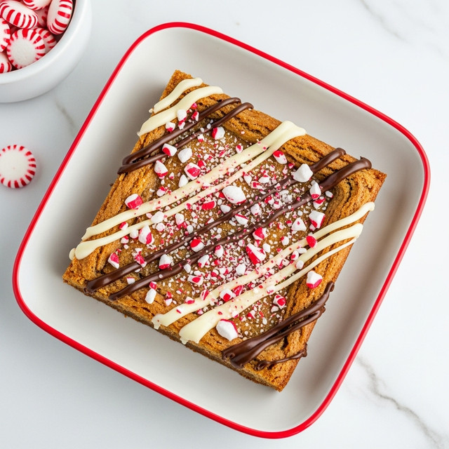 A square white baking dish with a red rim holds a light golden brown baked cake at the base. The top is decorated with alternating thin drizzles of dark chocolate and white chocolate spread evenly across the surface. Scattered over the drizzles are small, broken pieces of red and white peppermint candy, giving a festive look. The dish sits on a white marbled surface, with a small black bowl partially visible to the side holding whole peppermint candies. photo taken with an iphone --ar 4:5 --v 7