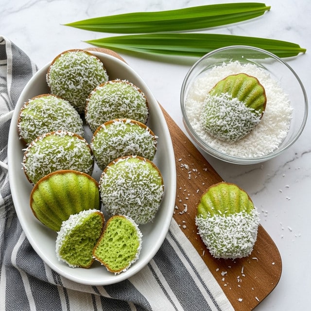 A white oval dish holds seven madeleine cakes, five of which are fully coated with white shredded coconut, showing a rough texture, while two are partially coated, revealing a smooth, bright green top layer with golden-brown edges. Nearby, a clear glass bowl contains white shredded coconut and a single green madeleine cake partially coated in coconut. The cakes have a shell-like, ridged shape with a domed surface. The scene is set on a white marbled texture with green leaves and a gray and white striped cloth on the sides. Photo taken with an iphone --ar 4:5 --v 7