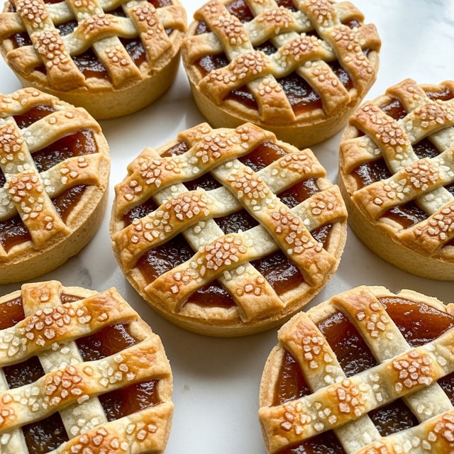 Seven small round pies with golden brown lattice crusts sit closely on a white marbled surface. Each pie has a thick edge crust, and the lattice strips on top show a shiny, slightly crunchy texture, sprinkled with coarse sugar crystals that catch the light. Underneath the lattice is a warm, amber-colored filling visible through the pastry gaps, adding a soft contrast to the crisp crust. The pies' crust edges are slightly browned, giving them a fresh-baked look with a light, flaky texture. Photo taken with an iphone --ar 4:5 --v 7