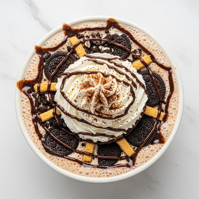A white bowl filled with a creamy dessert that has layers of light brown and dark brown, with a thick swirl of white whipped cream sitting in the center. The whipped cream is topped with crushed chocolate cookie crumbs, and around the edge of the bowl are five large cookie pieces partially dipped in a dark chocolate sauce. The sauce also drizzles around the whipped cream, with light dusting of chocolate powder on top. The bowl sits on a white marbled surface. photo taken with an iphone --ar 4:5 --v 7