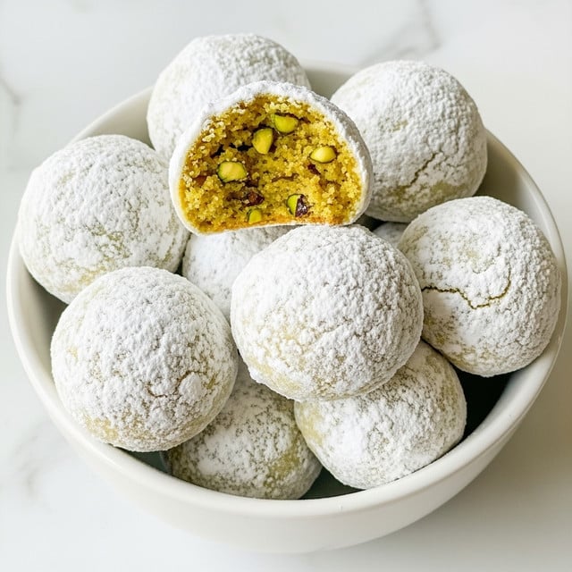 A white bowl filled with many round cookies covered thickly in white powdered sugar, giving them a snowy look. One cookie is broken in half and placed on top of the others, showing a golden-yellow inside with a coarse texture and small dark bits embedded. The cookie’s outer edge is lightly browned. The bowl sits on a surface with a white marbled texture. photo taken with an iphone --ar 4:5 --v 7