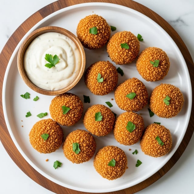 A white plate holds about ten round, golden-brown fried balls with a crispy texture, each sprinkled with small green parsley leaves. At the top left edge of the plate, there is a small wooden bowl filled with smooth, creamy, pale beige dipping sauce, garnished with tiny bits of green herbs. The plate is set on a round wooden surface, and the whole scene rests on a white marbled background. photo taken with an iphone --ar 4:5 --v 7