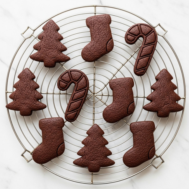 The image shows a round cooling rack with nine chocolate cookies placed on it. The cookies are shaped like Christmas symbols: three Christmas trees, three candy canes, and three boots. Each cookie has a smooth, dark brown surface with a slightly textured, baked look. The cooling rack is dark metal and sits on a white marbled textured surface, creating a clean and simple background. The cookies are evenly spaced with the tree shapes at the top and sides, candy canes in the center and bottom, and boots opposite each other on the sides. Photo taken with an iphone --ar 4:5 --v 7